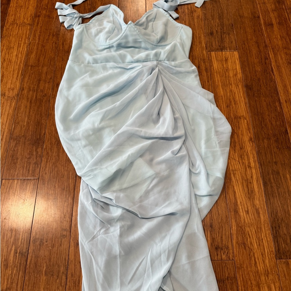 PLT Light Blue Ruched Bodycon Dress Size 10 Underwire Slit Date Night Going Out - Picture 7 of 10